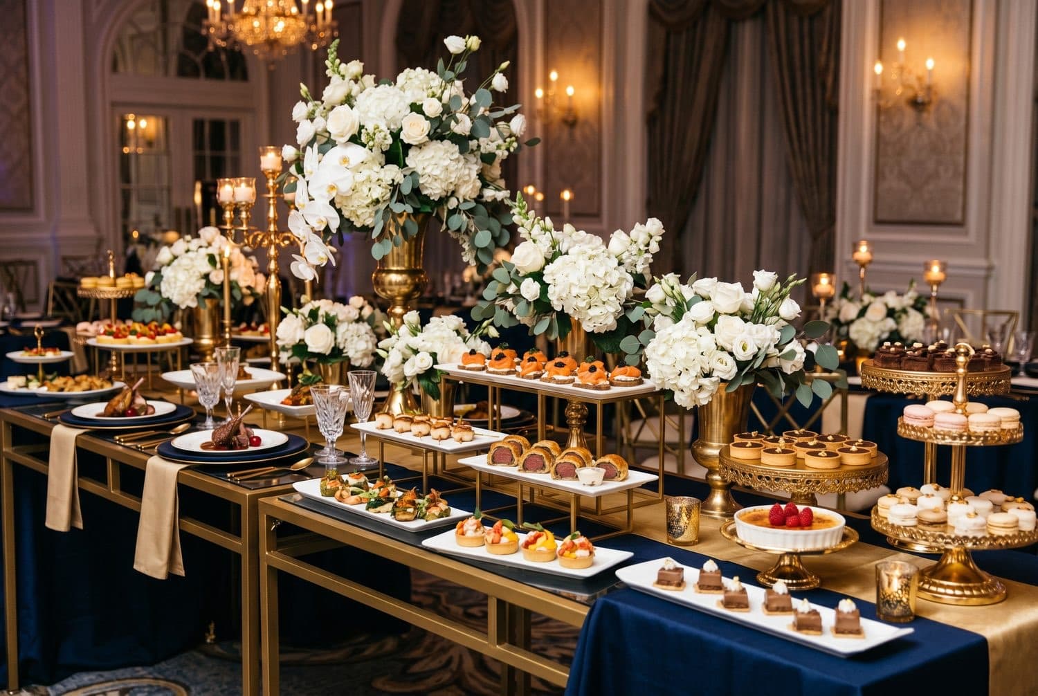 A royal banquet hall with fine table settings