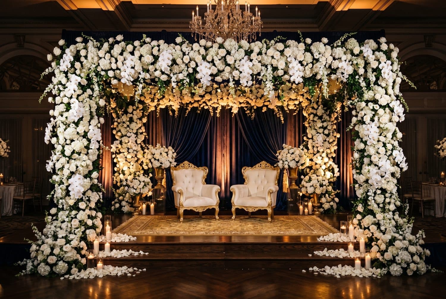 A kosha stage with cascading florals