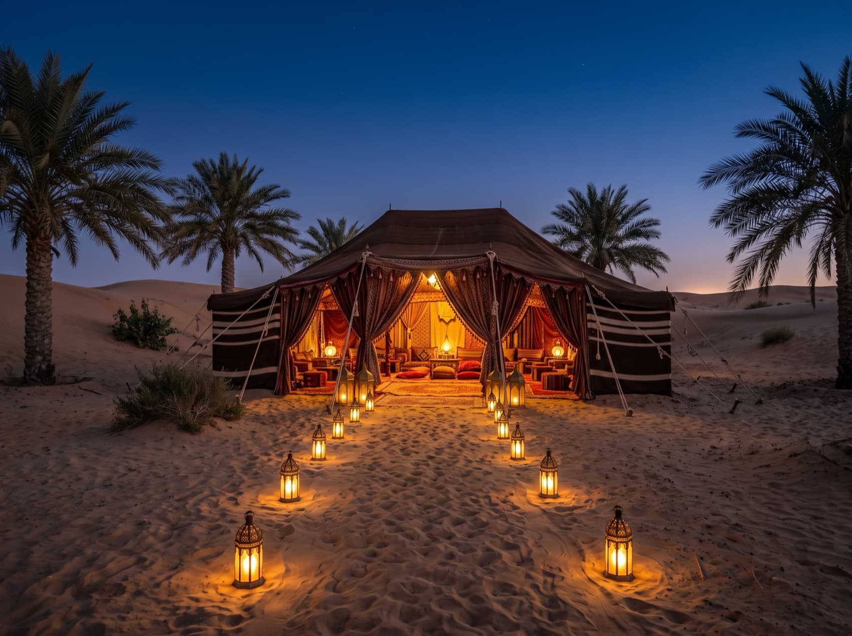 A luxury tent glowing in the desert at night